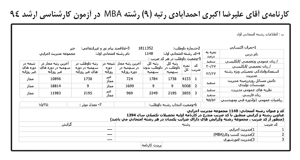 کارنامه رتبه های برتر رشته MBA