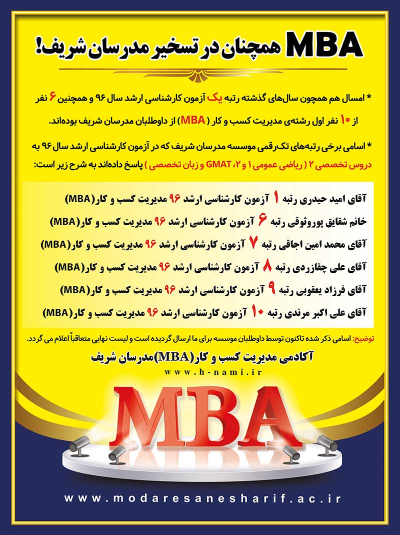اسامی رتبه های برتر آزمون ارشد 96 موسسه مدرسان شریف